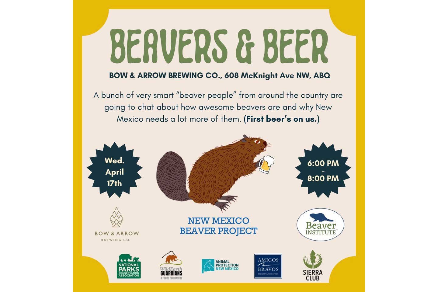 Beavers and Beer - Weds April 17, 2024, 6-8 PM